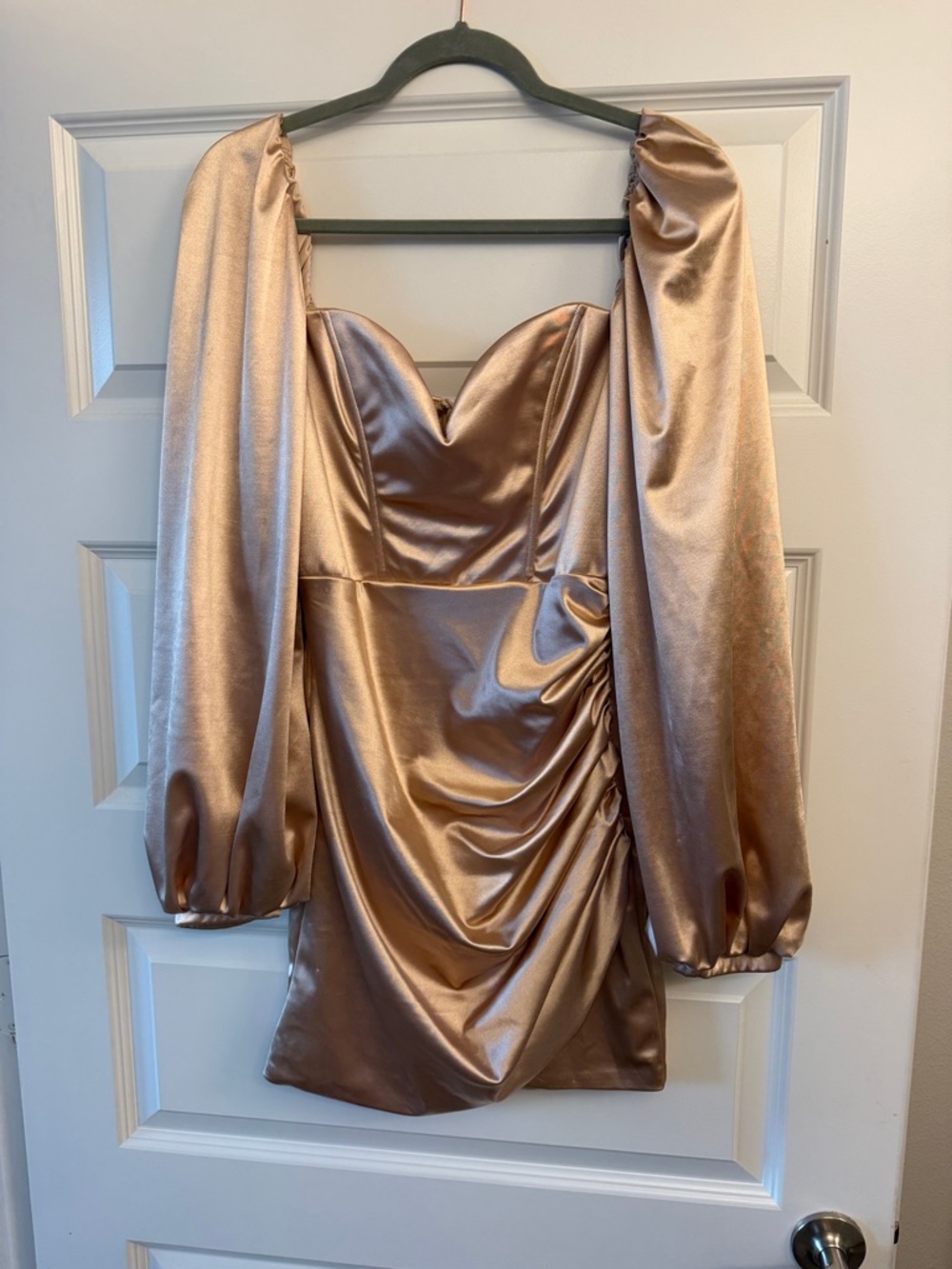 Oh Polly Rose Gold Satin Long-Sleeve Ruched Mini Dress